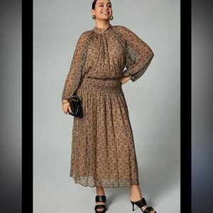 Let Me Be Anthropologie Brown Tan Artsy Print Smocked Mock-Neck Tie Back Dress S